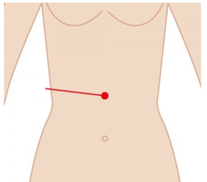 お腹の真ん中にある、内臓全体を整える重要なツボです。
場所: みぞおちとおへそのちょうど中間地点。
押し方: 両手の中指を重ねて当て、息を吐きながらゆっくりと押し込みます。深く押しすぎず、優しく刺激するのがコツです。