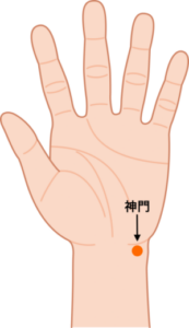 場所： 手首の横紋の上、小指側の少しくぼんだ部分。
効果： ストレスによる不整脈に特に有効です。
押し方： 反対側の親指で、骨のキワを押し込むように刺激します。