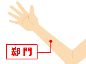 場所： 腕の内側、手首と肘のちょうど真ん中に位置します。
効果： 「隙」は急性の症状を意味し、激しい動悸や胸のつかえに用いられます。
押し方： 少し強めに、深呼吸に合わせて押圧してください。