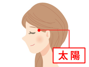 2. 太陽（たいよう）：眼精疲労の特効薬
・場所： 眉尻と目尻の外側にある、こめかみのくぼみ。
・効果： 目からくる脳疲労、かすみ目の改善。
・押し方： 親指の腹で円を描くように優しく揉みほぐします。
