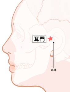 場所： 耳の穴のすぐ前にある、小さな突起の上のくぼみ。
効果： 耳鳴りを伴うめまいに効果的です。