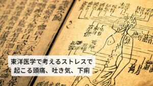 東洋医学で考えるストレスで起こる頭痛、吐き気、下痢東洋医学ではこのような精神的なストレスによって起こる身体の不調を気血の巡りと肝という内臓の関係で考えます。
この肝は現代医学では「自律神経の調整と血液の貯蔵の働きをしている」と説明できます。

その肝に対してストレスは悪影響を与え、肝の働きである気血の巡りを滞らせます。
これを東洋医学では「気滞 きたい」と呼びます。

この気滞という状態によって頭痛、吐き気、下痢を引き起こすと考えられています。
そのため不調の改善のためにはこの「肝」に対する治療が東洋医学ではメインになります。