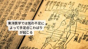 自律神経失調症の手のこわばりは気の不足このような病院の検査に異常がみられない手のこわばりに対しては東洋医学で治療をすることが可能です。
東洋医学ではこのような状態を“気虚(ききょ)”と考えます。

気虚はその名の通り「気が不足している状態」です。
気は全ての器官や内臓などを働かせる源であるため、自律神経の働きや血流の調整も気によって働きます。

そのため気が不足するとその機能が失調し手がこわばる症状が出現します。※2