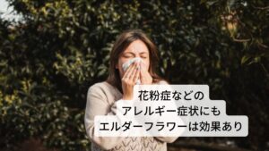 またエルダーフラワーはくしゃみ、鼻水、目の充血、目のかゆみなどをともなう花粉アレルギー症状にも特段の効果を発揮します。
花粉の飛散量が多い日は、摂取する量を増やすのも良いとされています。
そのほか、ヘルペスやＨＩＶを含むウイルス感染症の治療を助けることでも知られます。
他にも抽出した液を湿布などの外用で用いると、すぐれた抗炎症作用、保湿効果が期待できます。
しもやけ、皮膚炎などのときにも良いとされています。化粧水としても使用できます。