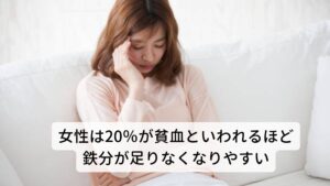 女性は20％が貧血といわれるほど鉄分が足りなくなりやすい女性は月経などもあり鉄分不足になりやすく貧血症状がでやすいといわれています。
その原因は鉄分は月経血で排出されてしまうことにあります。

そのことで消化器官の消化吸収機能も弱くなることで鉄分の体内への吸収が低下して貧血を起こしやすい結果を招いています。
東洋医学では貧血症状についてはほぼ「血虚（けっきょ）」とみなします。

血虚はその名の通りに「血が足りない」との考えです。