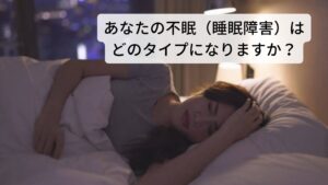 【入眠障害】
床にはいってもなかなか寝つけない、眠りにつくのに30分～１時間以上かかる、眠れないことが苦痛と感じる、などの状態です。
不安や緊張が強いときに起こりやすく「神経性不眠」とも呼ばれる睡眠障害（不眠症）です。

【中途覚醒】
夜中に何度も目が覚めてしまう。目が覚めたあと全然眠れない。うつ病や睡眠時無呼吸症候群などで出現しやすい状態です。
他にも睡眠前のアルコールの飲酒（深酒・寝酒など）でも中途覚醒が起こりやすいです。

【早朝覚醒】
朝に意図した起床時間よりも２時間以上早く目が覚めてしまい、そのまま眠れない状態を早朝覚醒いいます。
高齢者に多く加齢に伴い睡眠のリズムが変化する生理現象です。またうつ病の特徴的な症状でもあります。

【熟眠障害】
①寝ている間に呼吸障害（呼吸が止まっている）が起きている無呼吸症候群、
②寝ている間に脚がむずむずと痒みが出るむずむず脚症候群、
③ピクピクと筋肉が勝手に動いたり痙攣する周期性四肢運動障害などがあります。
どれも寝ている間に出ている症状なので本人には気がつきにくいので注意が必要です。
「睡眠時間は十分とっているのに、ぐっすり眠った感じが得られない、眠りが浅い」と感じている場合は熟眠障害の可能性があります。※1

※周期性四肢運動障害などの熟眠障害に対するセルフチェックは別のページで解説しています。
　詳細な情報は下記のリンクからご覧ください。