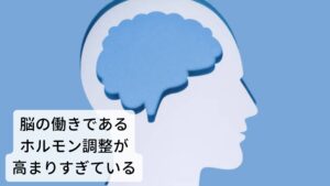 脳の働きであるホルモン調整が高まりすぎているまた、この過覚醒不眠が形成される要因に脳のホルモン調整の機能異常が関係していると考えられます。
過覚醒不眠も含め不眠症患者は健常人と比較して24時間（特に午後と夜間前半）における副腎皮質刺激ホルモンとコルチゾール（血糖値をあげて身体を興奮させる）の分泌が亢進しており身体が興奮しやすい状態にあると考えられています。このホルモンによる興奮が不眠症が起こる一つの要因になります。

また不眠症患者は睡眠時および覚醒時の大脳においても糖代謝低下が減弱（糖代謝が下がらない）するため脳が休まらず入眠障害が起こると考えらえます。