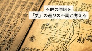 不眠の原因を「気」の巡りの不調と考える不眠症状にも様々な体質があります。
その体質と症状を診断することによって「気の巡りの不調」がわかり、鍼灸や漢方の療法へと導けます。

例えば、「少しの物音で驚いたり、ドキドキ、ビクビクしやすい人」というのは東洋医学では「気の流れが上（胸や顔）に突きあがりやすい気逆（きぎゃく）タイプ」と考えます。
また「些細なことで考え込んでしまったり、クヨクヨしやすい人」は「気（エネルギー）が不足している気虚（ききょ）タイプ」といえます。

このように気の巡りの不調には様々な種類があり、その種類によって出現する症状が変わってきます。
東洋医学では以下のように体質を分類します。※2