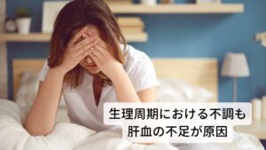 生理周期における不調も肝血の不足が原因よく「生理前や生理中に目の奥が痛む」という方がおられます。実はこれも肝の疲労と血の不足が原因になります。
生理周期中はとくに肝が関わる自律神経（ホルモンバランス）と血液（生理中における経血）が消耗する期間。

それが原因で目の不調が出やすいのが理由です。
とくに注意しなくてはいけないのは生理周期における眼精疲労は、同時にめまいも併発しやすいことです。