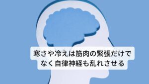 寒さや冷えは筋肉の緊張だけでなく自律神経も乱れさせる寒暖差も含めた寒さや冷えによって起こる反応は血行循環の悪化や筋肉の緊張だけではありません。
寒さや冷えは体温調節をしている自律神経の働きを乱れさせて易疲労(神経性疲労)を起こす「寒暖差疲労」や湿疹や皮膚のかゆみを引き起こす「寒暖差アレルギー」などの病気にかかりやすくなります。

このように自律神経は体温調節機能の失調から各内臓や器官の働きを低下させて様々な症状を引き起こす原因とされています。