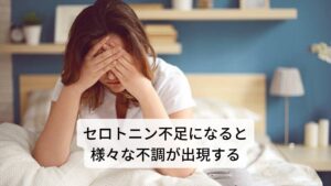 セロトニン不足になると様々な不調が出現するセロトニン不足によって起こる不調には慢性的なストレス、イライラ感、意欲と向上心の低下、めまい・頭痛、うつ症状、不眠症、不安障害、自律神経失調症などがあります。

自律神経失調症には動悸や息切れ、耳鳴り、めまいなどが含まれています。