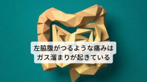 左脇腹がつるような痛みは便秘と同時にガス溜まりが起きている腸内でガスが溜まると、腸内の圧力が高まり、左脇腹につるような痛みが出現し、頻回にガスが出ることがあります。

この症状を「ガス溜まり」と呼びます。ガス溜まりは腸内細菌のバランスが崩れることによって腸内のいわゆる悪玉菌が増殖することで多く産生されます。

この悪玉菌が増殖しやすいガス溜まりは、高たんぱく食、高脂肪食、食物繊維の過剰摂取やストレスが原因で増殖する傾向にあります。
このような悪玉菌が多い体質の人は便秘にもなりやすく、お腹にガスが溜まりやすい傾向にあります。※1

※ガス溜まり以外での脇腹の痛みについても解説しています。
　詳細な情報は下記のリンクからご覧ください。