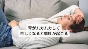 胃がムカムカして苦しくなると嘔吐が起こる胃の内容物が反射的に口から吐き出されることを嘔吐といいます。
喉、舌の根元、胃の壁といった部分が刺激されることで起こりやすく、他にも延髄の活動によっても起こります。嘔吐の発生の多くは、最初に胸の気持ち悪さなど悪心が起こり唾液が分泌されます。

その後食道から胃にかけて弛緩し腹筋や横隔膜が強く収縮して嘔吐が起こります。
先ほど解説した胃の蠕動運動の低下など消化機能が著しく低下したときに起こります。