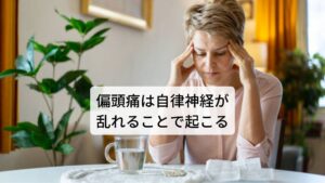 偏頭痛は自律神経が乱れることで起こる季節の変わり目や寒暖差によって起こる二つ目の頭痛は自律神経の乱れによって起こる自律神経型頭痛(偏頭痛)です。
先ほど解説したとおり寒さや冷気によって体温調節を行っている自律神経が寒暖差によって自律神経が乱れてしまい失調することで偏頭痛が発生します。