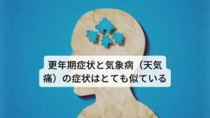 更年期症状と気象病（天気痛）の症状はとても似ている気象の変化によって起こる「気象病（天気痛）」は低気圧に影響を受けて症状が出現します。その症状は更年期症状ととても似ています。以下の通りになります。
・頭痛
・神経痛の悪化
・めまい
・肩こり
・首痛
・腰痛
・眠気
・耳の症状
・気分の落ち込み
・うつ
・不安症
など多岐にわたって症状が出現します。