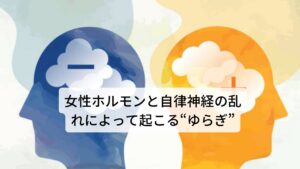 女性ホルモンと自律神経の乱れによって起こる“ゆらぎ”が原因更年期障害が起こる原因は女性ホルモンであるエストロゲンの分泌が減少することにあります。

またエストロゲンの減少の仕方も特徴的であり「分泌したりしなかったり」というホルモンの波が起こります。
この波を“ゆらぎ”と呼び、更年期症状が出現しやすい原因になります。

この女性ホルモンの“ゆらぎ”により自律神経が乱れて不調が起こります。
この女性ホルモンのゆらぎと自律神経の乱れによって更年期めまい（ふわふわめまい）が出現します。※1