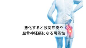 悪化すると股関節炎や坐骨神経痛になる可能性もある股関節や臀部の筋肉は立位姿勢や歩行の際に常にストレスがかかっている部位です。
そのため股関節や臀部の筋肉に不調が出ても「痛みを我慢して動かす」という場面が多々あります。

しかし、不調があるにも関わらず何度も荷重ストレスをかけ続ける行為は炎症を引き起こし「股関節炎」や「坐骨神経痛」などの強い痛みや神経痛が起こる可能性があります。
そのため痛みにが出現したらなるべく荷重ストレスを減らし悪化を防ぎつつ回復できるように治療始めることが重要です。