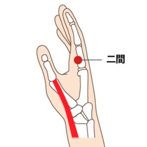 貧血症状に効く鍼灸のツボ【貧血に効果的なおすすめのツボ】
・ニ間（じかん）・・・第2中手指節関節の下、橈側陥凹部に取ります。

【ツボマッサージのポイント】
親指でツボの周囲を押してとズーンと響くポイントがあります。
響くところを見つけたらじっくりと5秒間指圧したあとに力を緩めずに小さく円を描くようにマッサージしてみてください。
深呼吸を行いながらこれを3セット行います。