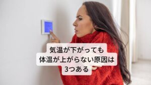 気温が下がっても体温が上がらない原因は3つあるこの身体に熱を生み出したり、放散したりと調節する中枢は脳の視床下部にあります。
外気温の変化は皮膚に備わっている温度受容器によってその情報がこの視床下部に伝わり適宜身体の温度を調整しています。

しかし、この視床下部の体温調節が上手く働かないときがあります。この視床下部の機能低下が「いつも身体が冷えている」「急に熱くなって汗をかく」といった体温調節が上手くいかない症状になります。
こういった気温が下がっても体温が上がらない原因には３つあります。