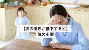 【肺の働きが低下すると】気の不調宣発作用によって汗を出したり、老廃物を発散させたり、体温調節を肺は行います。
肺の機能が低下すると気の巡りが悪くなり不調が出やすくなります。

①呼吸異常②倦怠感③咳嗽④自汗