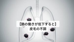 【肺の働きが低下すると】皮毛の不調外界からの病原（ウイルスなど）から身を守る防衛を皮毛は行います。
また毛穴の開閉の調節により体温調節も行います。

肺の機能が低下すると皮毛の働きが弱くなりウイルスや細菌などによる病気にかかりやすくなります。

①悪寒②発熱③咳嗽④自汗⑤寝汗⑥鼻づまり