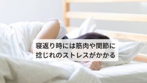 寝返り時には筋肉や関節に捻じれのストレスがかかる寝返り動作のお腹や腰回りの動きは屈曲（身体を前に曲げる）と回旋（腰を捻じる）の複合運動になります。
筋肉では腹直筋・腹斜筋というお腹の筋肉を中心として起こります。しかし、この屈曲と回旋のときに最もストレスがかかるのが腰を支える筋肉と関節になります。
寝返り中に上手く腰を支える筋肉が緊張して腰の関節へのストレスがかからないように守ることができれば痛みは起こりませんが、筋力が低下していたり筋肉が硬くなっていたりすると痛みが発生することになります。