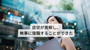 計１５回（約５か月弱）の治療を経て症状が寛解し、無事に復職することができた。
初回の後に思ったより反応が良く、改善も早いかと考えたが、その都度様々な要因（ストレス・疲労・天気）によって症状が少しぶり返していたので、最終的にはやはり時間がかかった。
頭痛の治療を行っていたが、初回後に「足のしびれもラクになった。だから朝の散歩も沢山歩いている」と言われたときは正直驚いた。東洋医学の治療で体全体の機能向上を図れた結果なのだと考える。