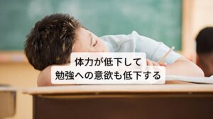 食事が摂れないと体力が低下して勉強への意欲も低下する結果として食事をしっかり取らない状況が続くことで消化吸収するための体力も低下するので昼食後に眠くなり午後の勉強が手につかなくなります。
これを放置してしまうと低血圧傾向となり胃腸が益々弱くなり食欲にムラが出て体調が不安定になり勉強への意欲が低下します。
その結果、活動するための体力も低下し慢性疲労状態になります。