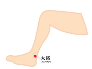 白髪・脱毛に効くツボ【白髪・脱毛に効くツボ】
・太谿（たいけい）・・・、「内くるぶしとアキレス腱の間」にあるツボ。

【ツボマッサージのポイント】
親指でツボの周囲を押してとズーンと響くポイントがあります。
響くところを見つけたらじっくりと5秒間指圧したあとに力を緩めずに小さく円を描くようにマッサージしてみてください。
深呼吸を行いながらこれを3セット行います。