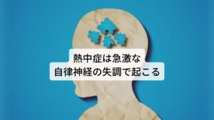 熱中症は急激な自律神経の失調で起こる気温の高い環境にいることで自律神経が調整している体温調節の機能に不具合が生じたり、体内の水分や塩分のバランスが崩れる不調が起こります。
この不調はめまいや頭痛、吐き気、けいれん、意識障害などがありますが、このような不調（症状）をまとめて「熱中症」といいます。
熱中症を引き起こす要因には、「環境」の要因によるものと「身体」の要因のものがあります。

環境・・・気温や湿度が高い風が弱い日差しが強い、など
身体・・・激しい運動などにより体内でたくさん熱が産生された暑さにからだが慣れていない疲れや寝不足、病気などで体調がよくないなど

熱中症を引き起こす根本的な原因には急激な自律神経の失調があります。※1

※また自律神経失調症の方も熱中症にかかりやすい傾向があります。
　詳細な情報は下記のリンクからご覧ください。