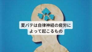 夏バテは自律神経の疲労によって起こるものこのように夏バテは自律神経の疲労によって起こりますが夏バテは様々な症状を出現させます。
症状には

①疲れやすく、だるい
②何をするにも気力がない
③あくびがよく出る
④ぐっすり眠れない
⑤朝起きたとき、疲れが残っている
⑥頭痛、肩こりがひどい
⑦食事がおいしくない
⑧胃がもたれる

などがあります。
自律神経は胃腸の機能、神経系の機能、代謝機能、睡眠など全身の機能を調整しています。
そのため夏バテになるとこのような自律神経機能の症状が出現します。