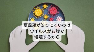 夏風邪が治りにくい理由に「風邪ウイルスのほとんどがお腹の中で感染、増殖する」があります。お腹に風邪ウイルスが感染、増殖すると呼吸器での感染とは違い身体の外に排出されるまでに時間がかかります。さらにお腹の風邪ウイルスに有効な治療薬もないのも治癒に時間がかかる理由です。
また夏は、夏バテなどによって食欲不振などが起こりやすく体力や免疫力が落ちやすいため、冬風邪と違って微熱（37.5度くらい）が続くためウイルスを退治するまでに時間がかかってしまうのも理由の一つです。
