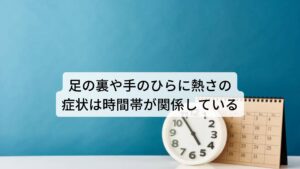 手のひらに熱さの症状は時間帯が関係している手のひらに熱さが多く起こる時間帯は「午後のお昼過ぎ」や「夕方から夜にかけて」などの午後から夕方にかけてに多い傾向があります。

これは朝の起床とともに高まった交感神経が昼食をして消化するために副交感神経と切り替わるときや夜に向けて（睡眠に向けて）副交感神経が高まるときなど「交感神経と副交感神経のバランスの強い変調（失調）」のタイミングで起きていると考えられます。

健康体であればこれらの切り替わりがスムーズに起こり自律神経が乱れることはありませんが、自律神経の失調がある方は上手く切り替わらずに足の裏や手のひらが熱くなる症状が起こります。