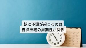 朝にネガティブな不調が起こるのは自律神経の周期性が関係この不安感は朝、食後、夕方、就寝前など時間帯によって出現することは多くあります。

この「時間帯によって症状が出現する」というのは自律神経の不調の特徴になります。

自律神経は健康であれば就寝中に身体を休めるために高まっていた副交感神経が朝の起床に向けて静まり、就寝時に静まっていた交感神経が徐々に日中の活動に向けて朝に高まるという交感神経と副交感神経の切り替わりがスムーズに行われます。

しかし、自律神経の周期性のリズムが乱れていると、切り替わりのタイミングのときに上手く切り替われずに乱れを起こしてしまいます。
この乱れが不安感や動悸となって症状が出現してしまいます。※2

※寝る前に起こる動悸についても解説しています。
　詳細な情報は下記のリンクからご覧ください。