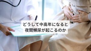 夜間頻尿が起こる原因には、高血圧、糖尿病、腎障害、心不全、加齢、塩分摂取など多岐に渡ります。
40歳以前の若い時では夜間に生成される尿量は非常に少なく起床時に排出するだけで十分の量でした。

しかし、40歳以降になると上記のような生活習慣病や心臓病、腎臓病、加齢などにより徐々に1日の尿量のバランスが夜に尿が生成される夜間多尿型にシフトしていきます。
それがある一定の割合を超えると夜間多尿と呼ばれる状態になります。

基準値は夜間尿量が1日の総尿量の30%以上である場合、夜間多尿（夜間頻尿）と診断されます。※2