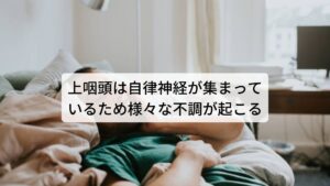 慢性上咽頭炎は自律神経が集まっているため様々な不調が起こるBスポット療法（別名:EAT治療※1 ）が耳鼻科で取り入れられるきっかけとなったのが慢性上咽頭炎という病気です。

この慢性上咽頭炎はウイルスや細菌が上咽頭（鼻と喉の間辺り）に感染し炎症が起こることで発症します。
しかし、上咽頭という箇所が粘膜で覆われた内側に自律神経の調整に関わる神経が多く分布しています。

それにより炎症反応がこの自律神経を刺激して乱れさせてしまい、鼻や咽頭部の不調にとどまらず様々な自律神経の乱れの全身症状が出現すると考えられています。※2