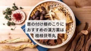 首の付け根のこりにおすすめの漢方薬は桂枝茯苓丸このような長時間の同じ姿勢によって起きる首の付け根のこりや後頭部の頭痛は首や肩の血流が悪くなっていると考えます。

この不調を改善させる漢方薬は主に桂枝茯苓丸が用いられます。
桂枝茯苓丸は滞っている血液の巡りを改善させ筋肉の緊張を緩める効果が期待できます。

そのため肩こり頭痛やトリガーポイント症状など筋肉の緊張や痛みに関わる不調によく使われます。

【注釈】・・・桂枝茯苓丸は保険適用もあり、ツムラ25が製品番号になります。服用する場合は医師、薬剤師と相談した上で開始してください。