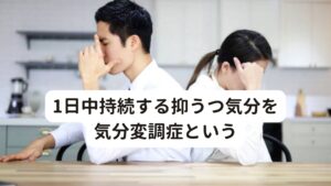 1日中持続する抑うつ気分を気分変調症という気分変調症は持続性抑うつ障害とも呼ばれますが、その特徴はほぼ1日中持続する抑うつ気分が長期間続くことです。

不適応感、自責感、過敏性、怒り、引きこもり、興味の喪失、活力減退、生産性低下などの症状が見られます。
以前は抑うつ神経症と呼ばれていました。