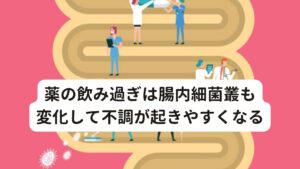 薬の飲み過ぎは腸内細菌叢も変化して不調が起きやすくなる症状の変化には今まで鼻の奥中心に痛みなど不調が起きていた症状から喉周囲へと症状が移行するパターンがあります。
この慢性化した上咽頭炎を慢性上咽頭炎と呼びます。

慢性上咽頭炎の主な症状には後鼻漏、喉の違和感、咳払い、声が出しにくいなどがあります。

このような慢性上咽頭炎の症状で薬や抗生物質を飲み続けると腸内で活動している常在菌の死滅にも繋がってしまいます。
結果として身体全体の免疫や自律神経の機能が不調になり症状を悪化させてしまうことがあります。

後鼻漏、喉の違和感、咳払い、声が出しにくいなどの症状で薬を飲み続けている方は注意が必要です。※2