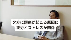 夕方に頭痛が起こる原因に疲労とストレスが関係夕方に頭痛が起こりやすい原因には疲労とストレスが関係していると言われています。
疲労にはおおまかに「身体的疲労」と「精神的疲労」の二種類があります。

身体的疲労は別名で肉体疲労といわれているように、運動によって筋肉や関節などに疲労が蓄積されることによって起こるものです。
精神的疲労は目による視覚的な作業によって起こる疲労(眼精疲労)や頭を使って起こる脳の疲労などがあります。

実は身体的疲労も精神的疲労のどちらも首や肩などの筋肉の緊張を起こし夕方に筋緊張性頭痛を引き起こしやすいとされています。

またストレスも疲労同様に蓄積されて不調を起こすものと考えられており、とくに自律神経の働きを乱れさせる要因になります。
そのため片頭痛を起こしやすく、とくに夕方から夜に頭痛を引き起こすと考えられています。※1