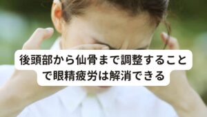 後頭部から仙骨まで調整することで眼精疲労は完治できる当院では、後頭部の調整はもちろん鍼灸治療を行いますが、それを支える首、肩、背部も調整していきます。
頭蓋骨は人体の構造上一番上にある骨なので支えなしには安定しません。

それを支えているのが首、肩、背中なので背骨全体を正しい状態にするところまでが根本の改善につながります。

眼精疲労がある方は、「肩こりや首こりもある」という方もいらっしゃると思います。
それは頭蓋骨と共に背骨の状態も良くないので血流が悪くなり首こり肩こりを引き起こします。

そのため背骨の調整も行うことで血流を良くしていきます。
また仙骨にも後頭部と同様に血流に関わる副交感神経が密に集まっているため調整を行います。

このように頭部から仙骨まで全体を調整していくことで血流が改善でき眼精疲労が出にくい、出たとしても休めばすぐ回復する身体を作ることができます。