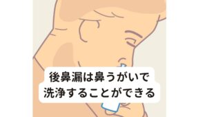 後鼻漏は鼻うがいで洗浄することができる後鼻漏を治すには「鼻うがい」が効果的とされています。
鼻うがいとは、抗菌処理された生理食塩水を鼻から流し洗浄することです。

後鼻漏は上咽頭から中咽頭という箇所に張り付いていますが、この箇所に鼻うがいは洗浄液で洗い流すことができるので有効です。

鼻うがいの方法は

 ①鼻うがいに使う生理食塩水を30度くらいのぬるま湯で用意する。
②片方の鼻を指で押さえながら、もう一方の鼻に食塩水を流し込みます。
③液がのどに落ちるように上を向いて喉に流れたものを口から出します。

これを左右の鼻の穴に5回くらい繰り返します。※1