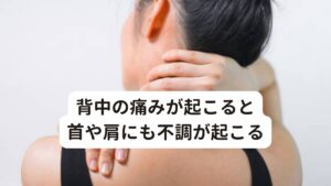 背中の痛みが起こると首や肩にも不調が起こるまた背中というのは多くの筋肉が複合的に働き身体のバランスをとっています。
肩の筋肉・首の筋肉・腕の筋肉・胸の筋肉・後頭部の筋肉などと連携してつながっているため背中の働きの影響が各筋肉に影響を与えます。

だから背中に痛みを感じる人の多くは肩こりがひどく頭痛まで起こりやすかったり、腕に疲れを感じやすくなります。
こういった不調は自律神経の乱れによって直接起こる症状とは別に、交感神経幹の興奮によって背中の筋肉が緊張して連鎖的に起こる二次的な不調になります。