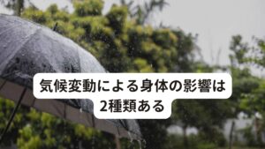 気候変動による身体の影響は2種類ある台風の接近や通過に伴って気象病の症状が悪化する可能性があります。
以下、2つの要因によって症状の出方が変わります。

[気圧の急激な変動]
台風の接近や通過に伴って起こる気圧の急激な低下は、体内の血液流動性に影響を与え、眠気や倦怠感などの症状を起こしやすくなる可能性があります。
[強風や風雨の影響]
台風に伴う強風や風雨は、外気に水分や湿気を多く含むことで体表面からの刺激やストレスを増加させる要因となります。
これによって身体の筋肉の緊張や体温の低下が生じてしまい、頭痛やめまいを感じやすくなる可能性があります。


ただし、個人差が大きく、すべての人が台風の際に気象病の症状が悪化するわけではありません。
適切な対策を講じて、体調不良を軽減する努力が大切です。