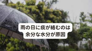 雨の日に痰が絡むのは余分な水分が原因中医学では肺や気管支から咳とともに出る「痰」以外に、体のあちこちに長く停滞している体液(余分な水分)のことも「痰」と呼びます。
「見えない痰」ともいい、中医学の用語では「痰湿（たんしつ）」とよびます。

この余分な水分である痰が身体に溜まると以下のような症状が起こります。

・太りやすい
・体が重くだるい
・重く痛む
・むくみやすい
・痰や鼻汁が多い
・吐き気
・むかつき
・めまい
・口が粘る
・軟便や下痢または便がべとつく
・汗が多い
・おりものが多い
・湿疹が出てジクジクする

これらの症状が現れる体質を「痰湿（たんしつ）」と呼びます