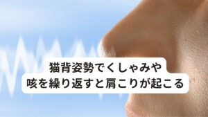 猫背姿勢でくしゃみや咳を繰り返すと肩こりが起こる今度は、くしゃみ、咳、鼻をかむ時の姿勢に注目してみましょう。

くしゃみや咳をする時、周囲の人に迷惑をかけないように前かがみになって背中が丸くなっていないでしょうか。
実は、その猫背姿勢（前かがみ姿勢）が肩こりの原因になっています。

猫背姿勢になると、背中や肩の筋肉に負担がかかりやすく横隔膜が圧迫されているため酸素が取り込みにくい状態です。
そのためこの姿勢を続けてしまうと呼吸が浅くなり、軽い酸欠状態になります。

この状態が続いてしまうと頭部への血行不良が起こり、頭がぼーっとしたり眠りが浅くなったりしてしまいます。
結果的に筋肉の疲れが取れないために肩こりが起こりやすくなります。

さらに、この血行不良が悪化すると脳にも上手く酸素が届かなくなり、肩こり頭痛を引き起こしてしまうこともあります。