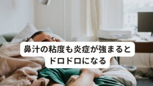 鼻汁の粘度も炎症が強まるとドロドロになるさらに色と合わせて必要な診断に粘度があります。
鼻汁や痰はもともと粘液性がある分泌物です。

健康体であれば通常はサラサラしています。
しかし、炎症が進行していくうちにトロトロと粘度が高まり、炎症が強くなればなるほどドロドロやドロッとしていきます。

この状態になるといわゆる後鼻漏特有の「喉に痰がへばりついている感じ」「喉がイガイガして痰を吐き出したくなる」といった症状が出現します。

※また慢性上咽頭炎は声枯れの症状を起こることがあります。
　詳細な情報は下記のリンクからご覧ください。