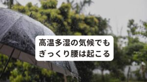 高温多湿の気候でもぎっくり腰は起こる梅雨時期や真夏などの高温多湿の環境は東洋医学で湿邪と呼ばれ体調不良を引き起こしやすいとされています。
この湿邪は体内に不要な水分や老廃物がたまって巡りが悪くなっている状態です。

この状態になると腰に重い鈍痛が起こり内臓の働きが衰える等の不調が起こります。
この鈍痛の状態が長く続くとあるときにグキっとぎっくり腰が起こってしまいます。