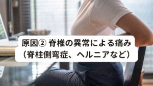 原因② 脊椎の異常による痛み（脊柱側弯症、ヘルニア、椎間板障害など）脊椎の骨や椎間板、神経などに異常があると背中の痛みを引き起こすことがあります。
重いものを急に持ち上げたり、長時間同じ姿勢でいたりすると脊椎に過剰な負荷や圧力がかかってしまいます。

この過剰な負荷や圧力によって脊椎周囲にある神経が刺激されて神経痛の痛みが起こります。
それ以外には加齢に伴う脊椎の骨密度が低下によっても脊椎に問題が現れることがあります。

この脊椎の問題は、脊柱側弯症やヘルニア、椎間板障害などの疾患があります。