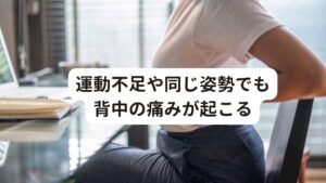 運動不足や同じ姿勢でも背中の痛みが起こるまた背中の冷えは血行不良だけでなく、運動不足や長時間同じ姿勢でいることが原因でもあります。

例えば、肩甲骨と肩甲骨の間には太い血管が走っており、首の後ろから背中の広範囲に僧帽筋という大きな筋肉があります。
この筋肉は運動不足や同じ姿勢によって硬くなってしまいます。

この筋肉を集中的に温めることで、上半身全体の血行が改善し、筋肉も柔らかくなるので、背中の痛みを解消させることができます。